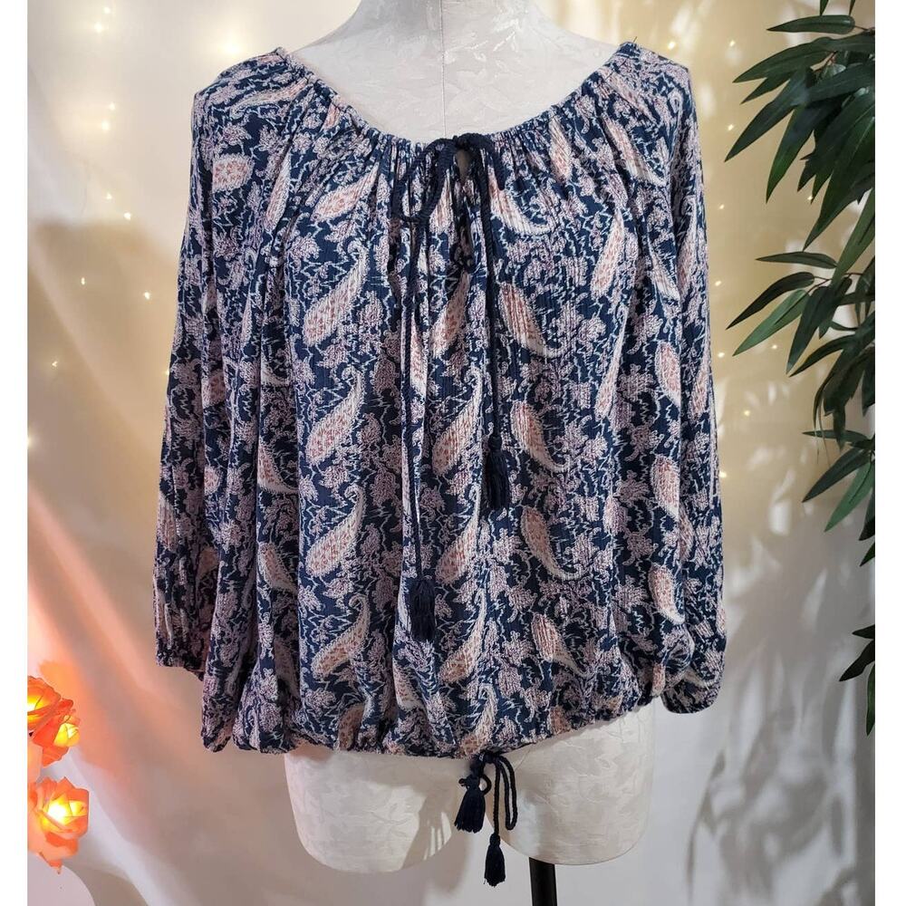 Denim & Supply Ralph Lauren Boho Paisley Tassel Tie Peasant Top Womens Size L